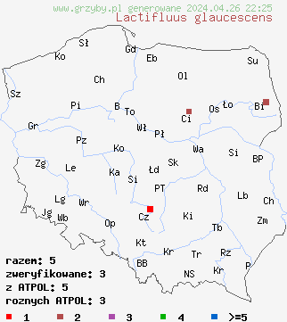znaleziska Lactifluus glaucescens na terenie Polski