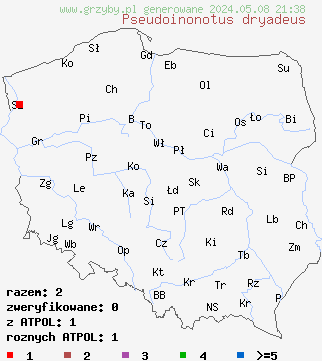 znaleziska Inonotus dryadeus na terenie Polski