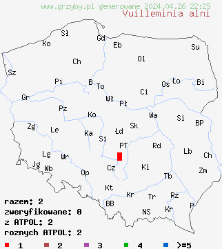 znaleziska Vuilleminia alni na terenie Polski