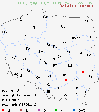 znaleziska Boletus aereus (borowik ciemnobrązowy) na terenie Polski