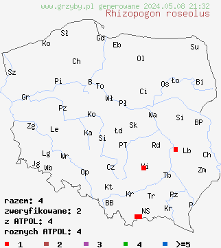 znaleziska Rhizopogon roseolus (piestrówka różowawa) na terenie Polski