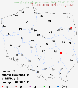znaleziska Tulostoma melanocyclum (berłóweczka rudawa) na terenie Polski