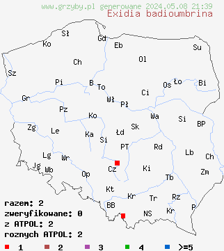 znaleziska Exidia badioumbrina na terenie Polski