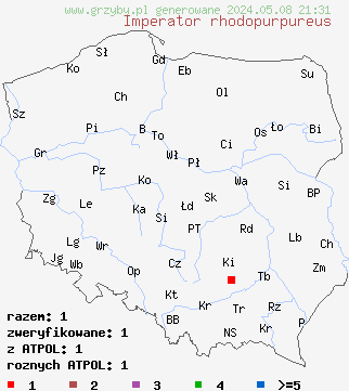 znaleziska Imperator rhodopurpureus (borowik rudopurpurowy) na terenie Polski