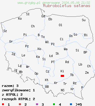 znaleziska Rubroboletus satanas (krwistoborowik szatański) na terenie Polski
