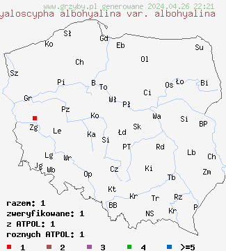 znaleziska Hyaloscypha albohyalina var. albohyalina na terenie Polski
