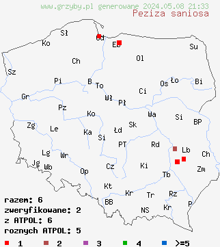 znaleziska Peziza saniosa (kustrzebka czarnofioletowa) na terenie Polski