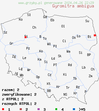 znaleziska Gyromitra ambigua na terenie Polski