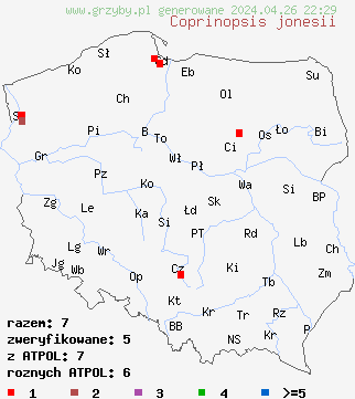 znaleziska Coprinopsis jonesii na terenie Polski