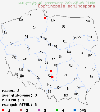 znaleziska Coprinopsis echinospora (czernidłak szorstkozarodnikowy) na terenie Polski
