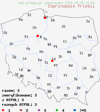 znaleziska Coprinopsis friesii (czernidłak łodygowy) na terenie Polski