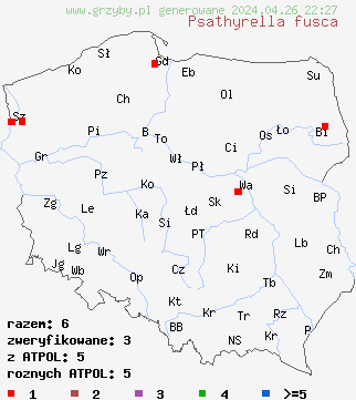 znaleziska Psathyrella fusca na terenie Polski