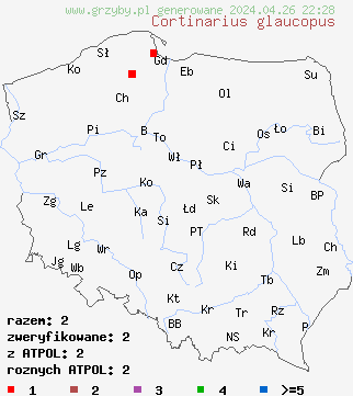 znaleziska Cortinarius glaucopus na terenie Polski