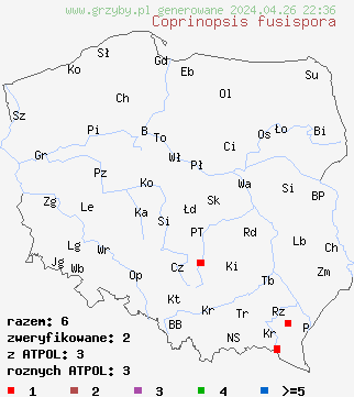 znaleziska Coprinopsis fusispora na terenie Polski