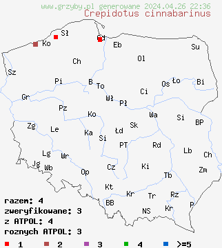 znaleziska Crepidotus cinnabarinus na terenie Polski