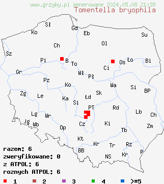 znaleziska Tomentella bryophila na terenie Polski