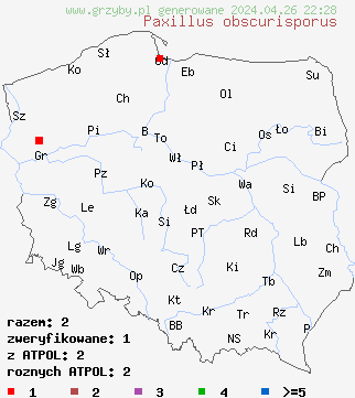 znaleziska Paxillus obscurisporus na terenie Polski