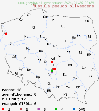 znaleziska Russula pseudo-olivascens na terenie Polski