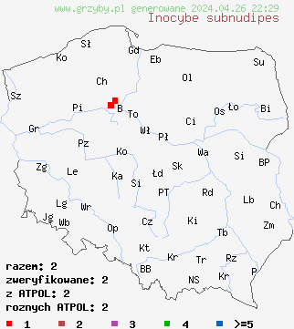 znaleziska Inocybe subnudipes na terenie Polski