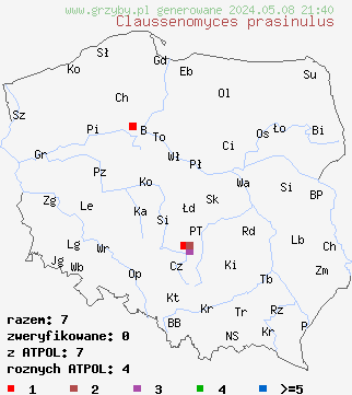 znaleziska Claussenomyces prasinulus na terenie Polski