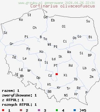 znaleziska Cortinarius olivaceofuscus na terenie Polski