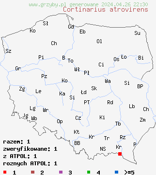 znaleziska Cortinarius atrovirens na terenie Polski