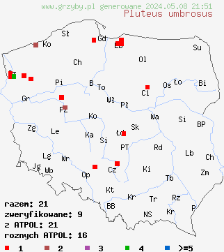 znaleziska Pluteus umbrosus na terenie Polski