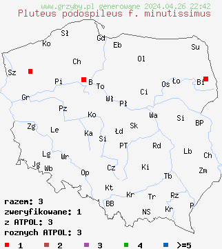 znaleziska Pluteus podospileus f. minutissimus na terenie Polski