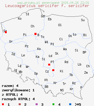 znaleziska Leucoagaricus sericifer na terenie Polski