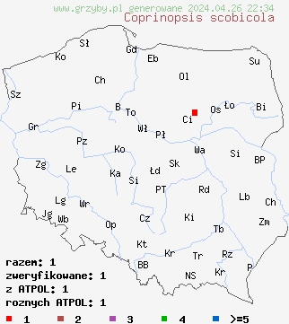 znaleziska Coprinopsis scobicola na terenie Polski
