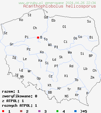 znaleziska Acanthophiobolus helicosporus na terenie Polski