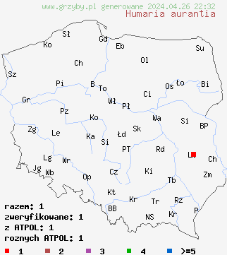 znaleziska Humaria aurantia na terenie Polski