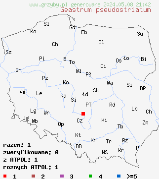 znaleziska Geastrum pseudostriatum (gwiazdosz chropowaty) na terenie Polski