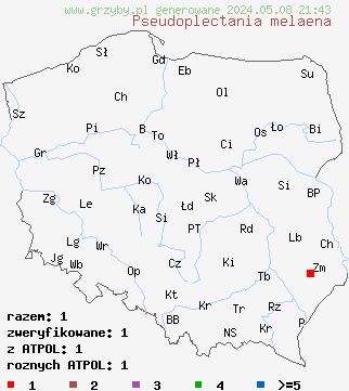 znaleziska Pseudoplectania melaena (czareczka czarniawa) na terenie Polski