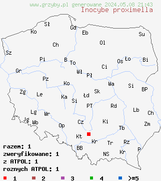 znaleziska Inocybe proximella (strzępiak torfowiskowy) na terenie Polski