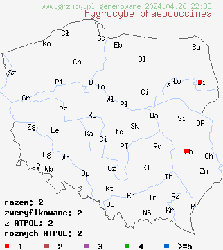 znaleziska Hygrocybe phaeococcinea na terenie Polski