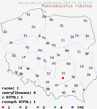 znaleziska Rubinoboletus rubinus na terenie Polski