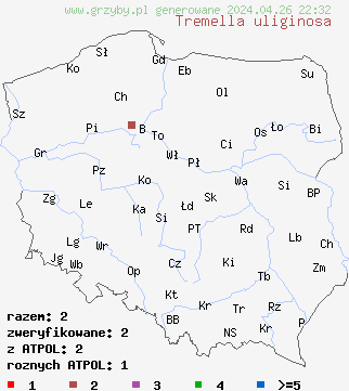 znaleziska Tremella uliginosa na terenie Polski