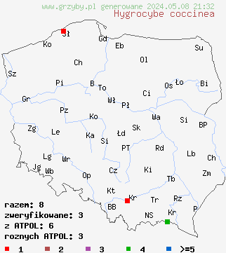 znaleziska Hygrocybe coccinea (wilgotnica szkarłatna) na terenie Polski