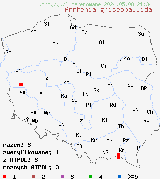 znaleziska Arrhenia griseopallida na terenie Polski