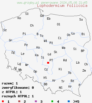 znaleziska Lophodermium foliicola (osutka liściowa) na terenie Polski