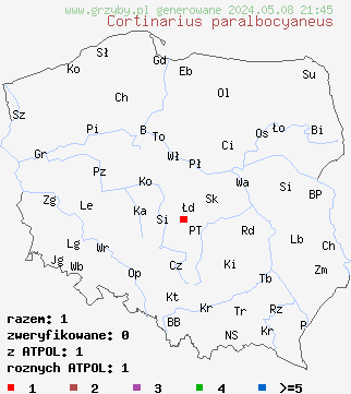 znaleziska Cortinarius paralbocyaneus na terenie Polski