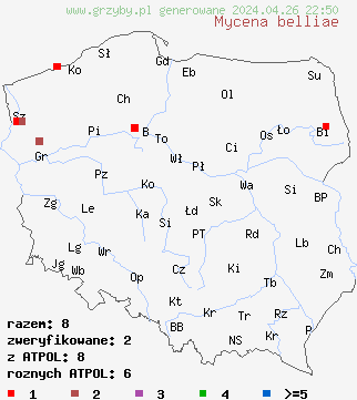 znaleziska Mycena belliae na terenie Polski