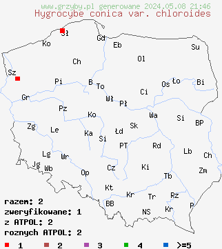 znaleziska Hygrocybe conica var. chloroides na terenie Polski
