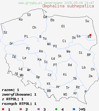 znaleziska Omphalina subhepatica (pępówka wątrobiana) na terenie Polski