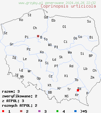 znaleziska Coprinopsis urticicola na terenie Polski
